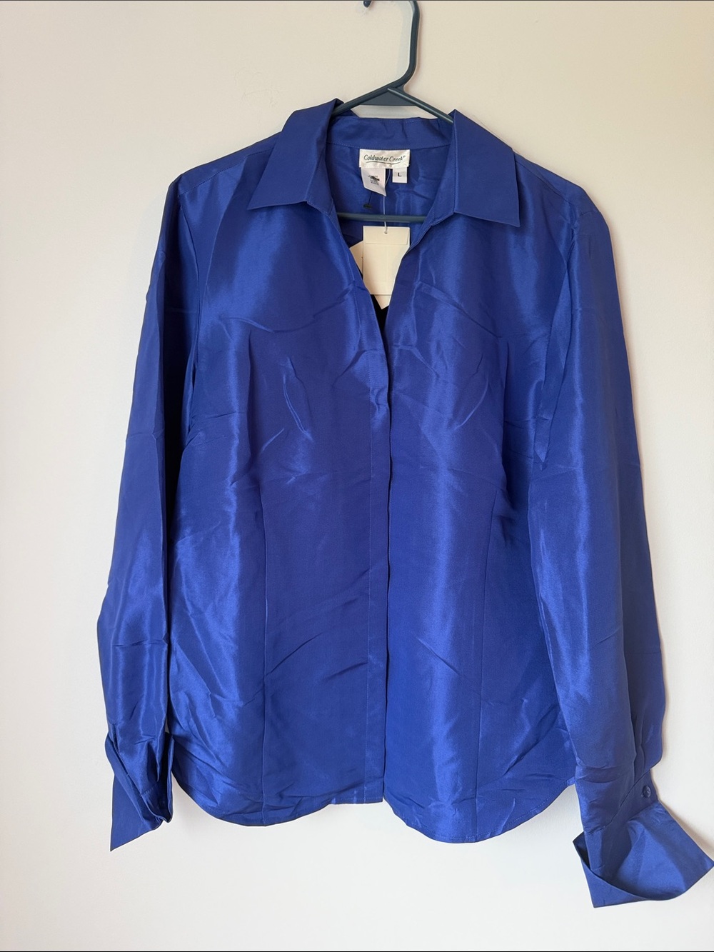 Coldwater Creek Deep Blue Satin Button-Down Shirt 100% silk